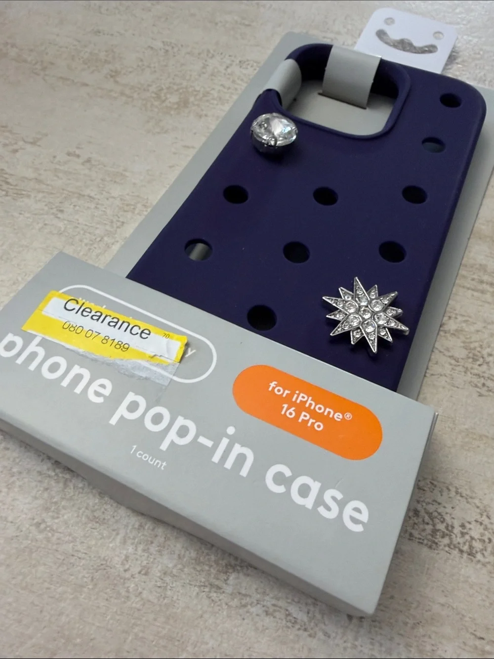 Phone Pop-In Case for iPhone 16 Pro - Purple. 2 charms
